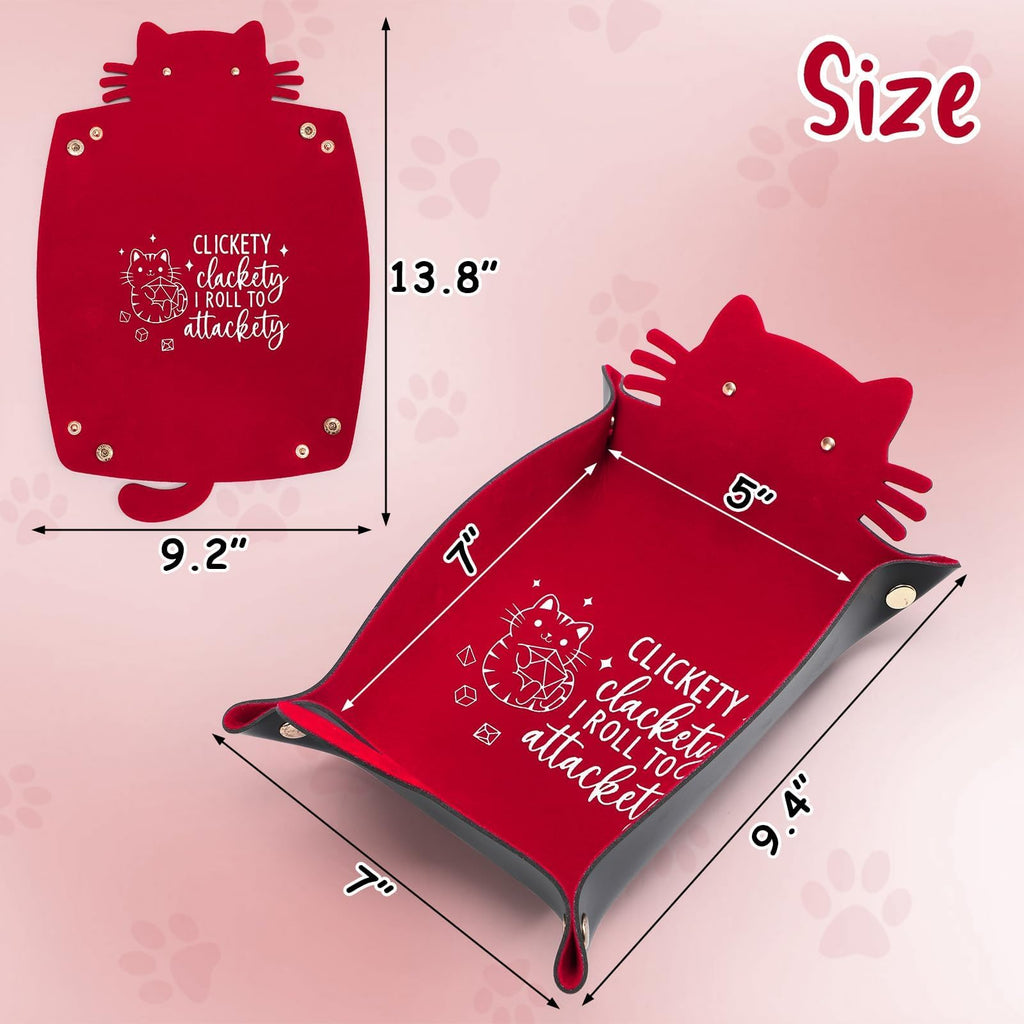 ICoDeesse Red Cat Dice Tray - PU Leather Rolling Tray for DND, RPG, Portable Desk Organizer