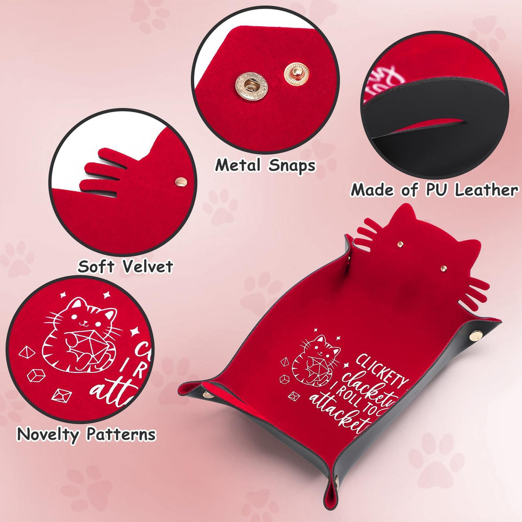 ICoDeesse Red Cat Dice Tray - PU Leather Rolling Tray for DND, RPG, Portable Desk Organizer