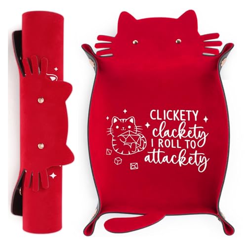 ICoDeesse Red Cat Dice Tray - PU Leather Rolling Tray for DND, RPG, Portable Desk Organizer