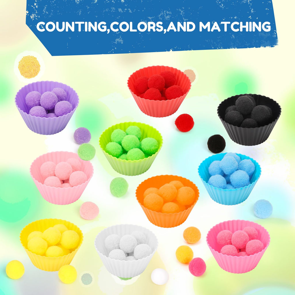 iCraftine 114-Piece Sensory Bin Filler with Sorting Bowls, Pom Poms, Tweezers, and Scoopers for Fine Motor Skills Development