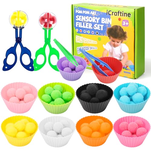iCraftine 114-Piece Sensory Bin Filler with Sorting Bowls, Pom Poms, Tweezers, and Scoopers for Fine Motor Skills Development