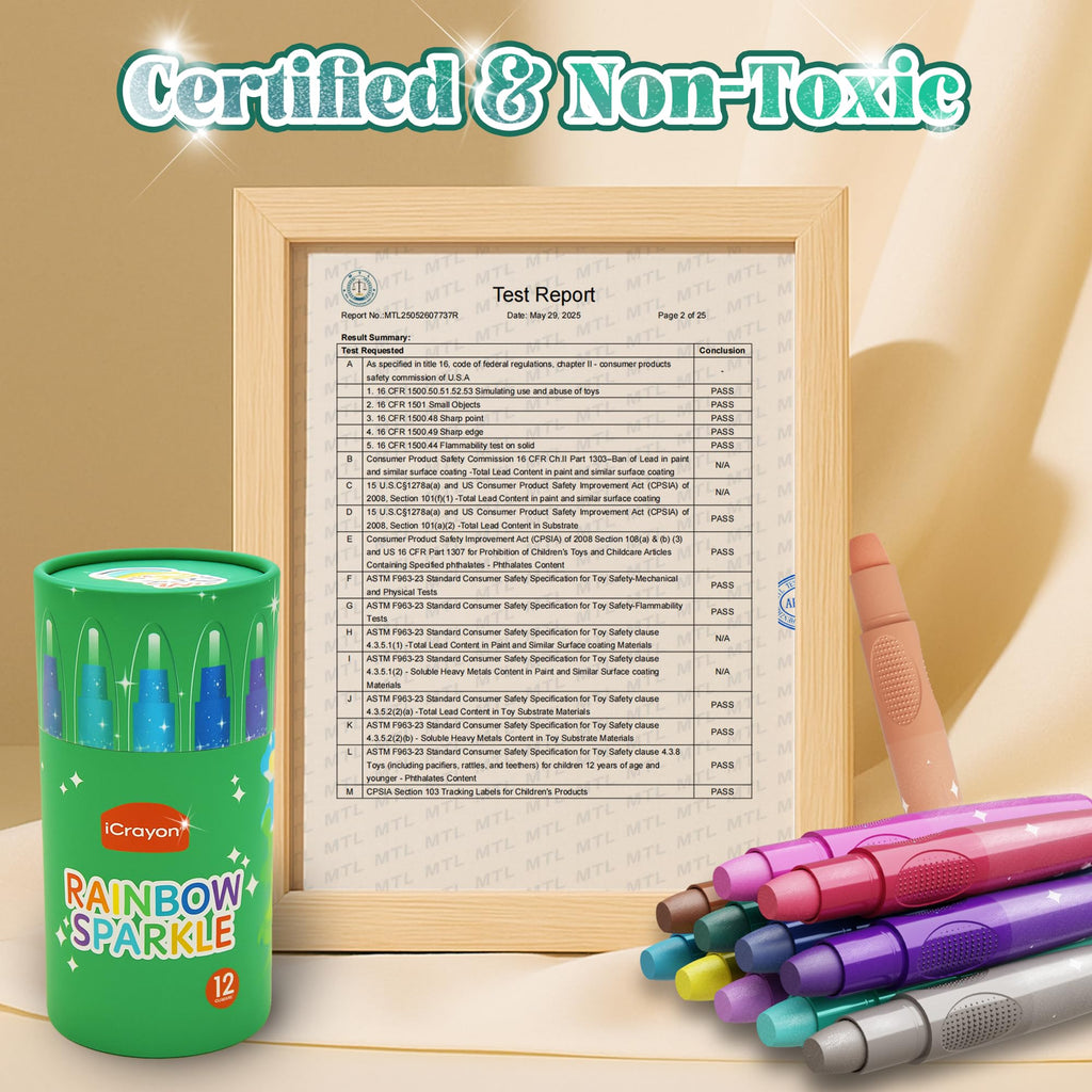 iCrayon 12-Color Sparkle Metallic Watercolor Gel Crayons – Twistable, Washable & Non-Toxic for Toddlers