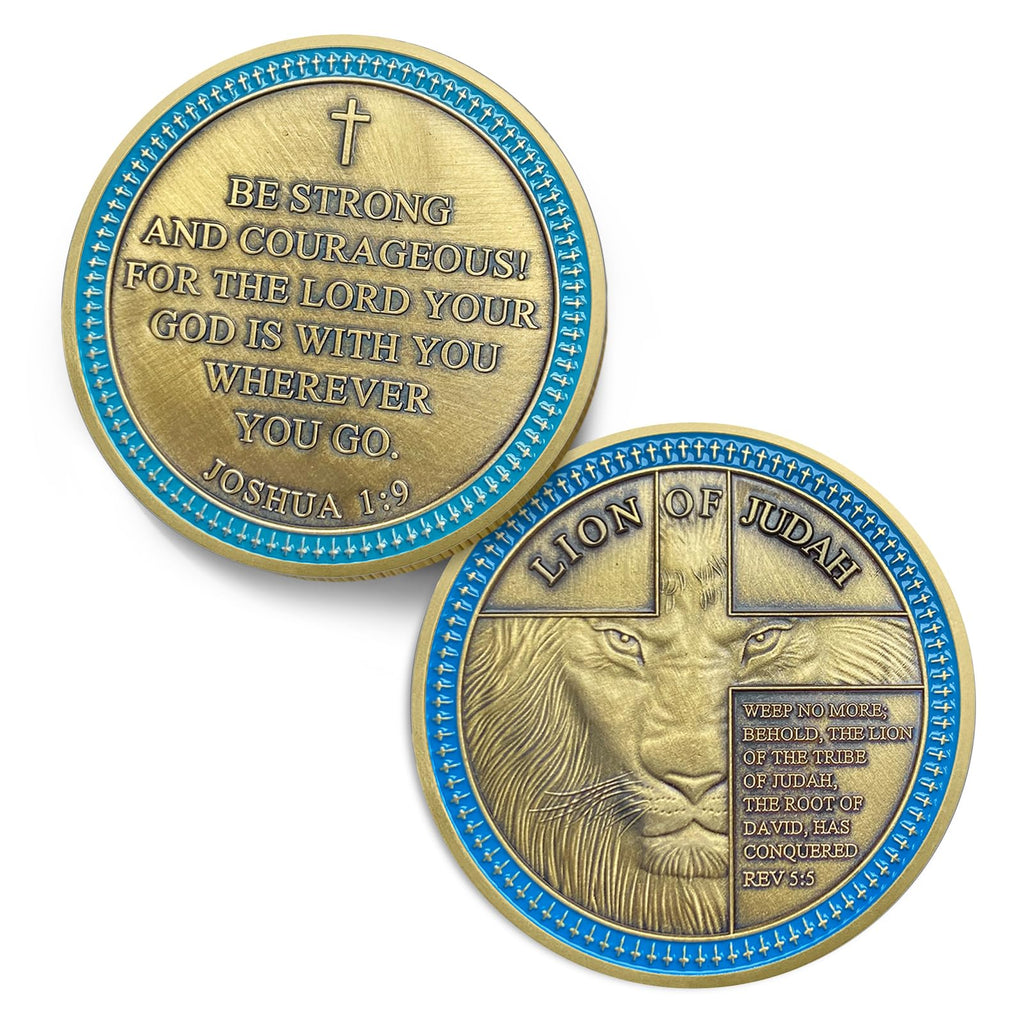 IELCJJ Lion of Judah Challenge Coin – Joshua 1:9 Scripture Coin with 3D Engraving, Zinc Alloy, Protective Case, Religious Gift