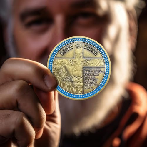 IELCJJ Lion of Judah Challenge Coin – Joshua 1:9 Scripture Coin with 3D Engraving, Zinc Alloy, Protective Case, Religious Gift