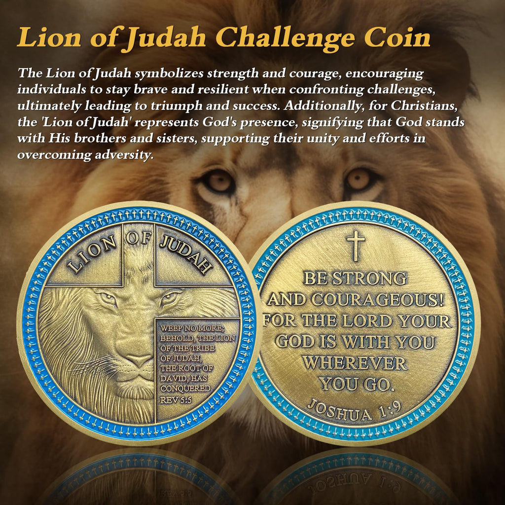 IELCJJ Lion of Judah Challenge Coin – Joshua 1:9 Scripture Coin with 3D Engraving, Zinc Alloy, Protective Case, Religious Gift