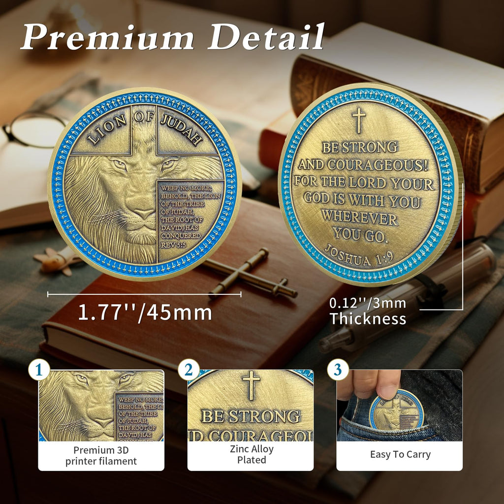 IELCJJ Lion of Judah Challenge Coin – Joshua 1:9 Scripture Coin with 3D Engraving, Zinc Alloy, Protective Case, Religious Gift