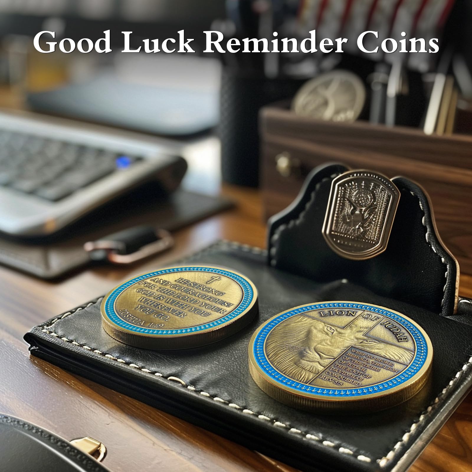 IELCJJ Lion of Judah Challenge Coin – Joshua 1:9 Scripture Coin with 3D Engraving, Zinc Alloy, Protective Case, Religious Gift