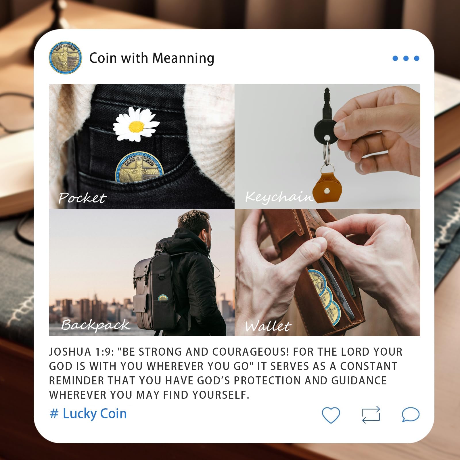 IELCJJ Lion of Judah Challenge Coin – Joshua 1:9 Scripture Coin with 3D Engraving, Zinc Alloy, Protective Case, Religious Gift