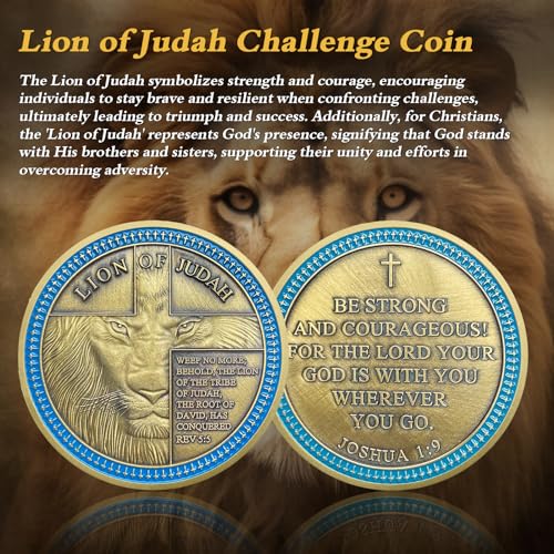 IELCJJ Lion of Judah Challenge Coin – Joshua 1:9 Scripture Coin with 3D Engraving, Zinc Alloy, Protective Case, Religious Gift