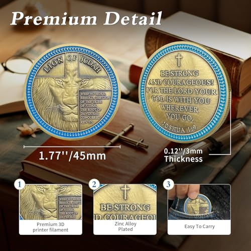 IELCJJ Lion of Judah Challenge Coin – Joshua 1:9 Scripture Coin with 3D Engraving, Zinc Alloy, Protective Case, Religious Gift