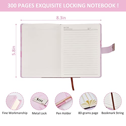 IFINTECHNO Pink Marble PU Leather Locking Diary Gift Set – A5 300-Page Journal with Combination Lock, Pen, Bracelet & More