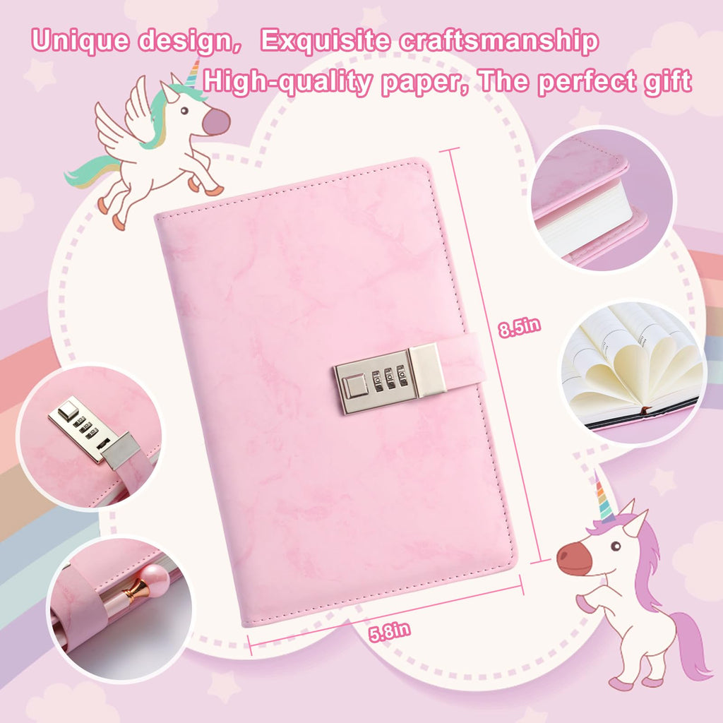 IFINTECHNO Pink Marble PU Leather Locking Diary Gift Set – A5 300-Page Journal with Combination Lock, Pen, Bracelet & More