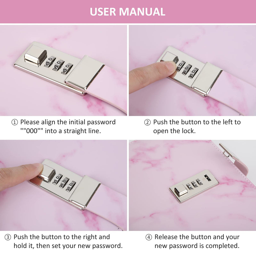 IFINTECHNO Pink Marble PU Leather Locking Diary Gift Set – A5 300-Page Journal with Combination Lock, Pen, Bracelet & More