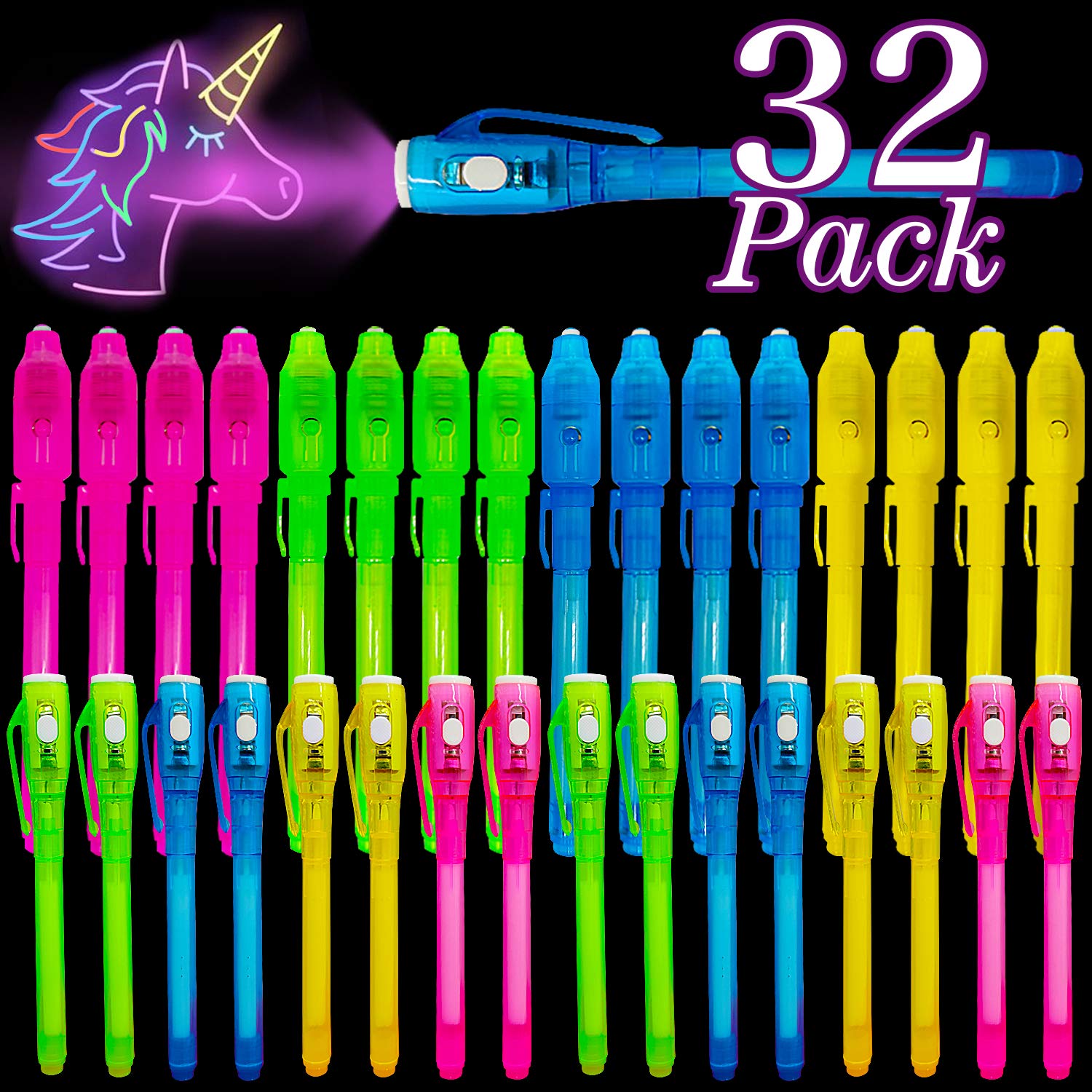iGeeKid 32-Pack Invisible Ink Pens with UV Light – Secret Spy Pens for Kids, Disappearing Ink Markers for Treasure Hunts, Party Favors, and Classroom Activities