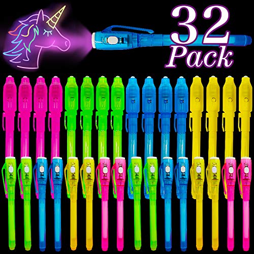 iGeeKid 32-Pack Invisible Ink Pens with UV Light – Secret Spy Pens for Kids, Disappearing Ink Markers for Treasure Hunts, Party Favors, and Classroom Activities