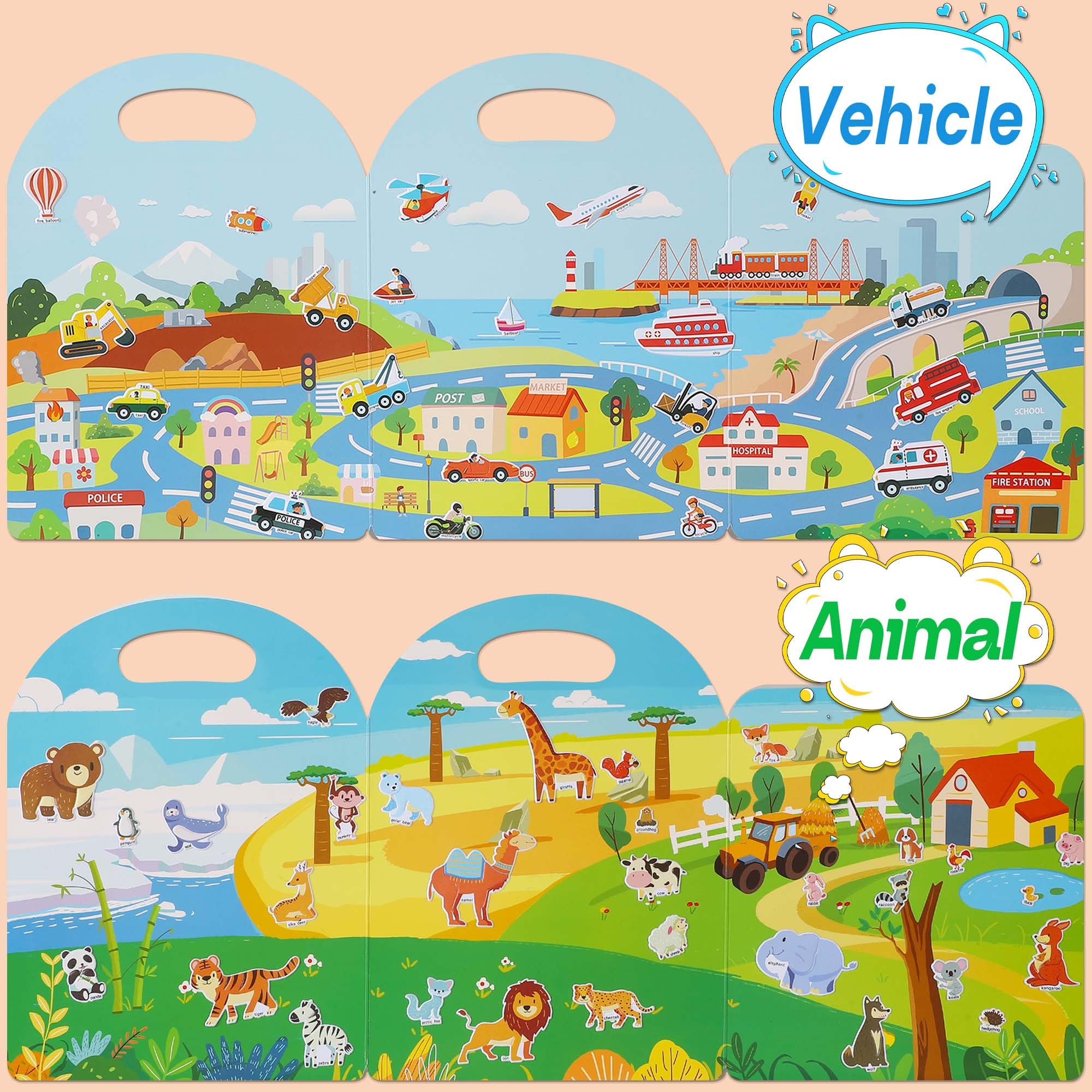 iGetooy 4 Sets Puffy Sticker Books for Toddlers - 122 Reusable 3D Stickers (Vehicles, Animals, Dinosaurs, Ocean)