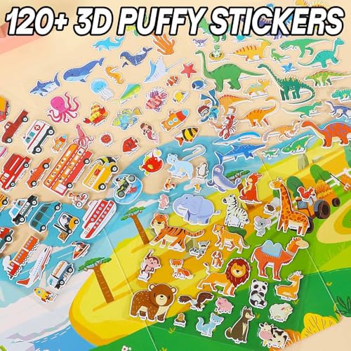 iGetooy 4 Sets Puffy Sticker Books for Toddlers – 122 Reusable 3D Stickers with Travel Handle