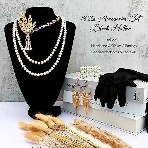 iHUFeather 1920s Flapper Set with Headband, Beaded Necklaces, Earrings & Gloves for Women