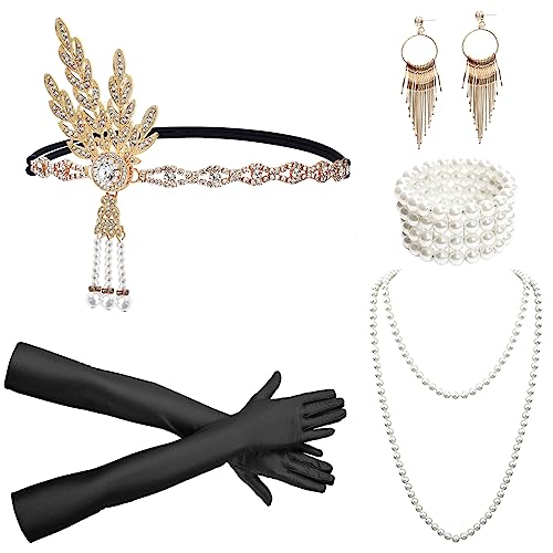 iHUFeather 1920s Flapper Set with Headband, Beaded Necklaces, Earrings & Gloves for Women