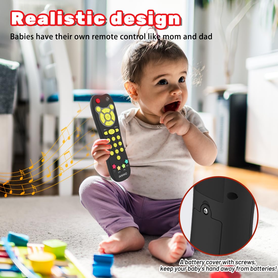 iKOIHO Baby Remote Control Toy - Realistic Toddler TV Remote with Lights, Sounds, and 3 Languages, Black