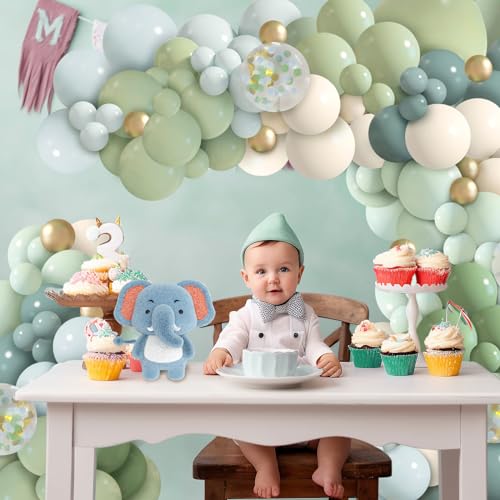 iLaFm 150-Piece Dusty Blue Green Balloon Garland Arch Kit for Baby Shower Woodland Wild One Birthday Decor