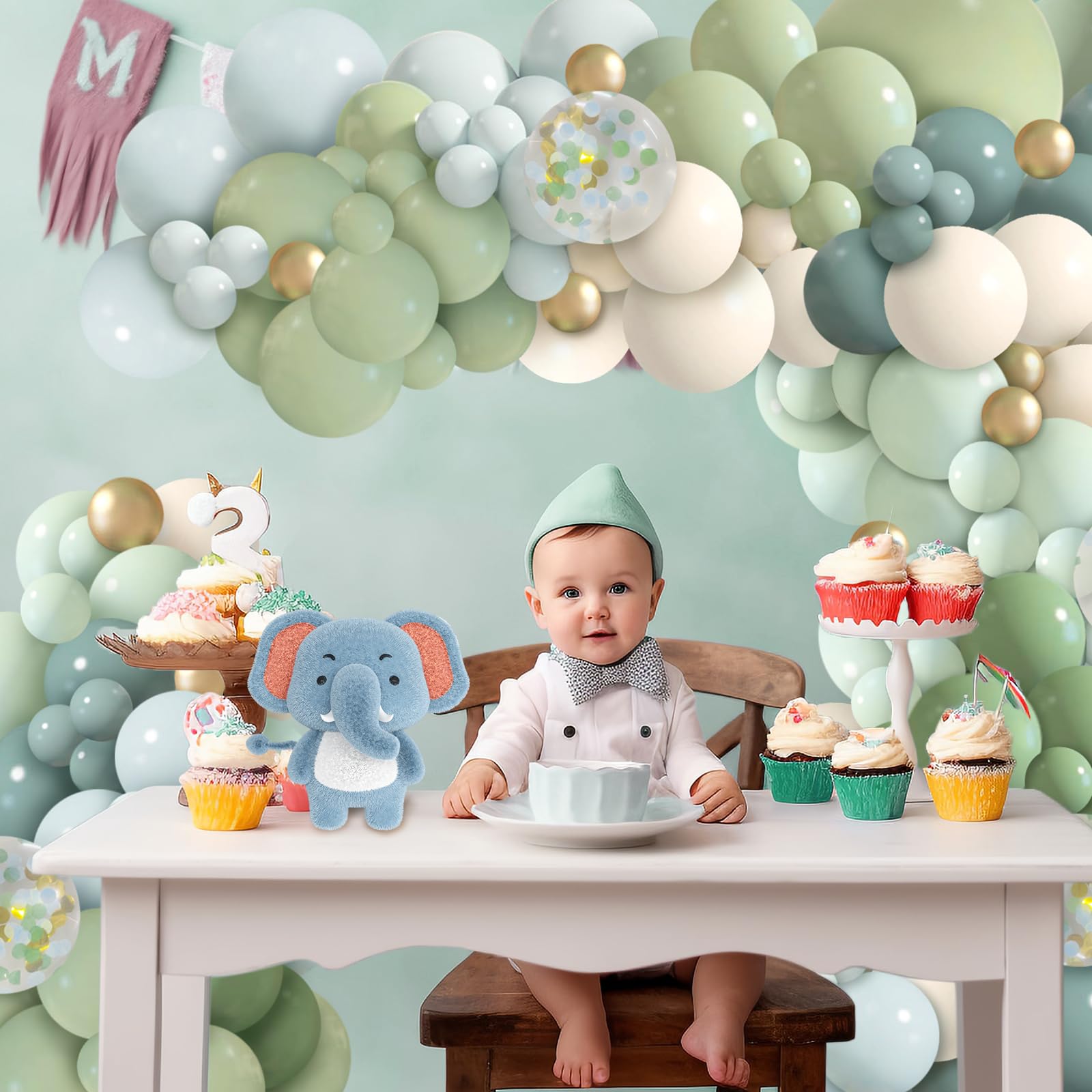 iLaFm 150-Piece Dusty Blue Green Balloon Garland Arch Kit for Baby Shower Woodland Wild One Birthday Decor