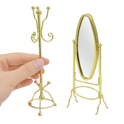 iLAND 1:12 Scale Miniature Coat Rack & Full Mirror – Gold Finish