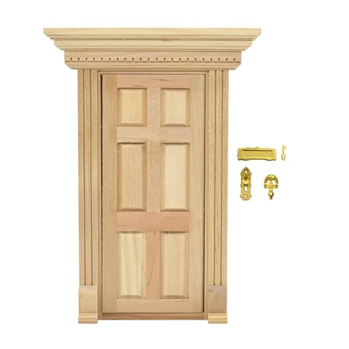 iLAND 1:12 Scale Neoclassical Miniature Dollhouse Door – Solid Wood with Knocker, Lock & Key