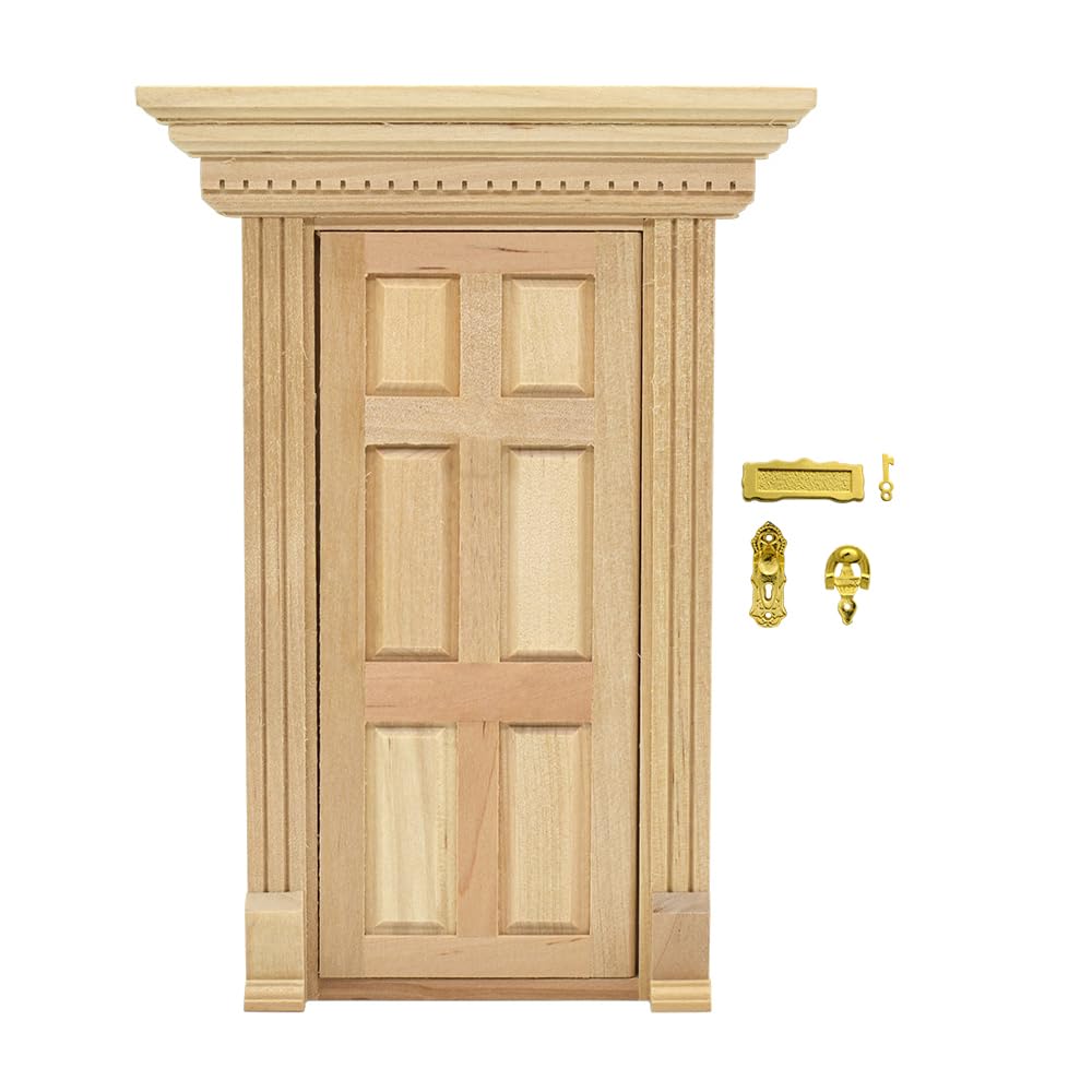 iLAND 1:12 Scale Neoclassical Miniature Dollhouse Door – Solid Wood with Knocker, Lock & Key