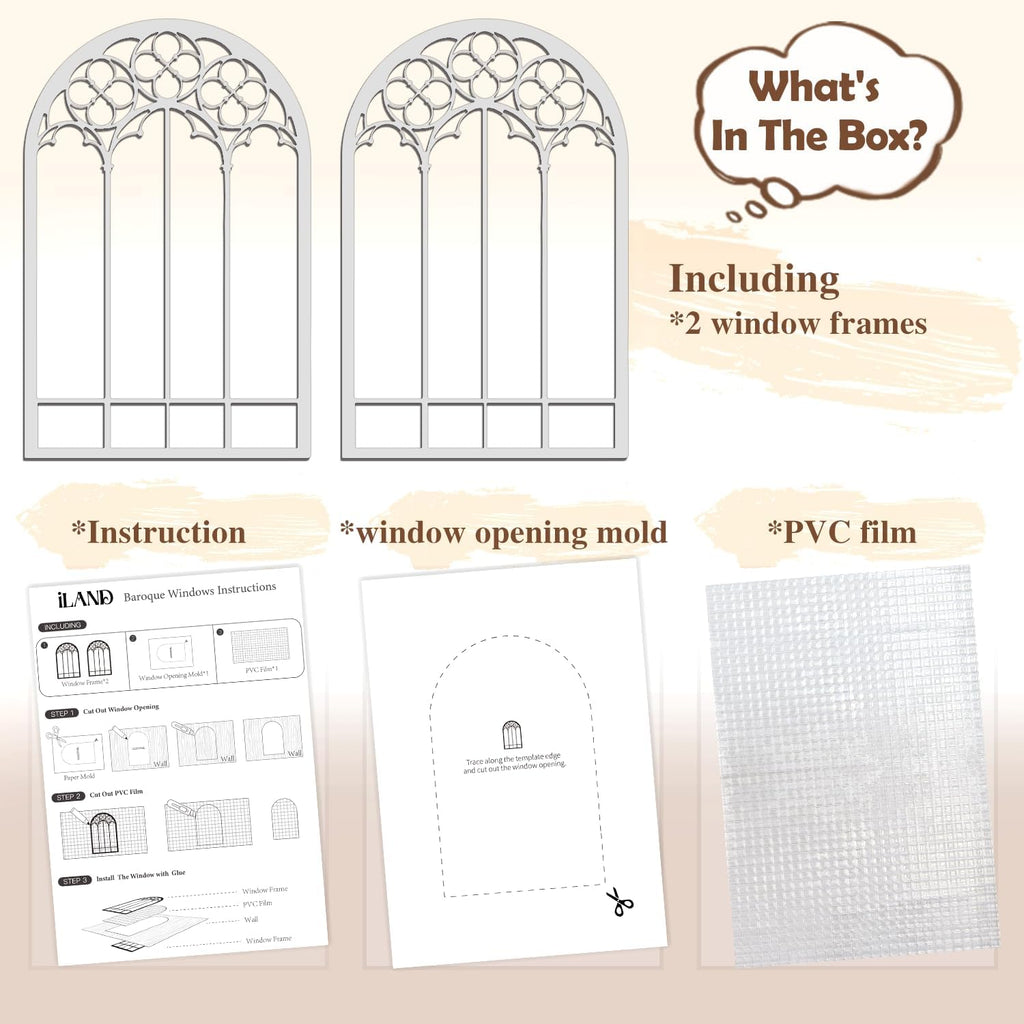 iLAND 1:12 Scale Wooden Dollhouse Window Kit - Arched Frame with PVC Grid Film