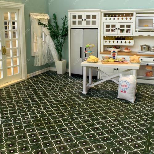 iLAND Double-Sided Dollhouse Floor Tiles - 30pc, French Green Floral & Terrazzo, 1:12-1:6 Scale
