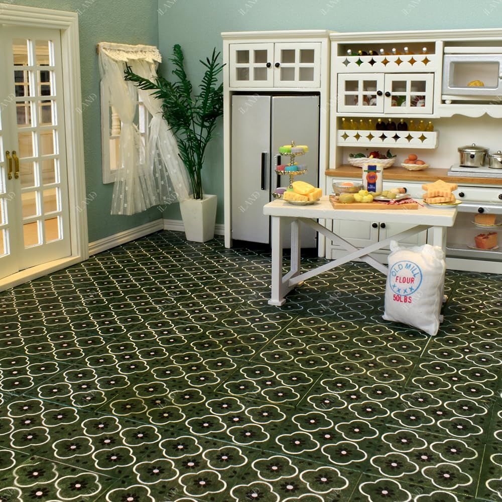 iLAND Double-Sided Dollhouse Floor Tiles - 30pc, French Green Floral & Terrazzo, 1:12-1:6 Scale