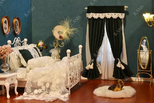 iLAND Miniature Curtain Double Rods 2 Sets – 1:12 Scale Dollhouse Window Décor with Rings & Brackets, Victorian White