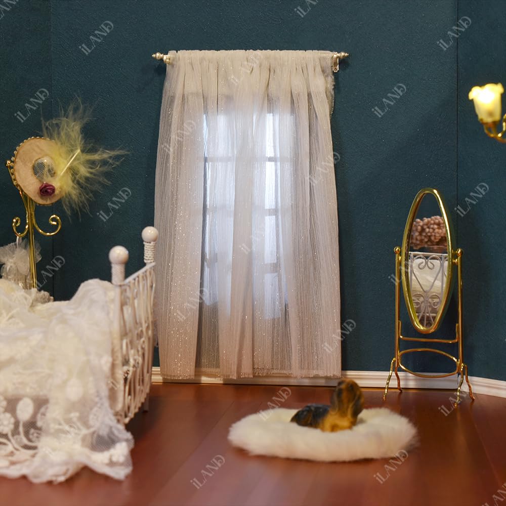 iLAND Miniature Curtain Double Rods 2 Sets – 1:12 Scale Dollhouse Window Décor with Rings & Brackets, Victorian White