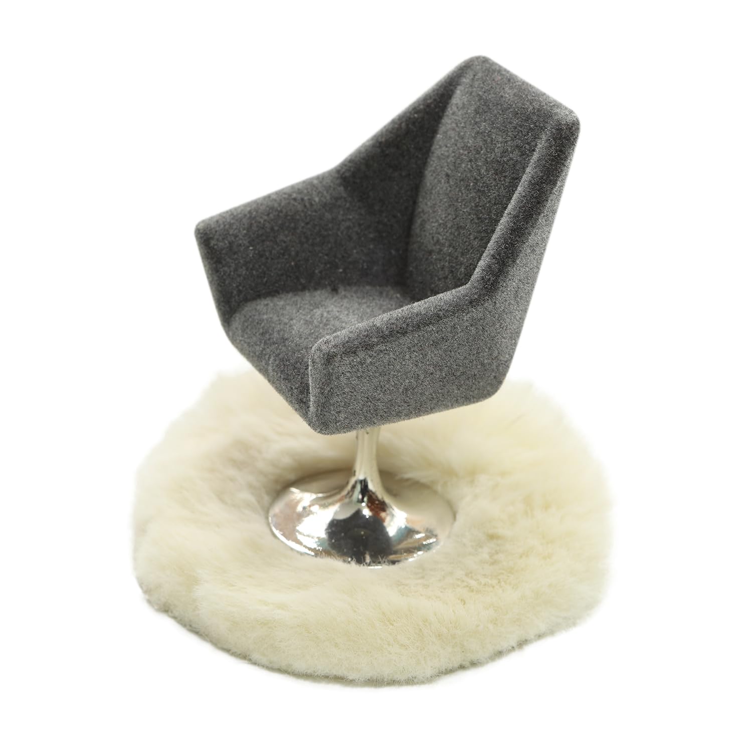 iLAND Miniature Swivel Chair & Faux Fur Carpet Set for 1:12 Dollhouse Living Room (Grey)