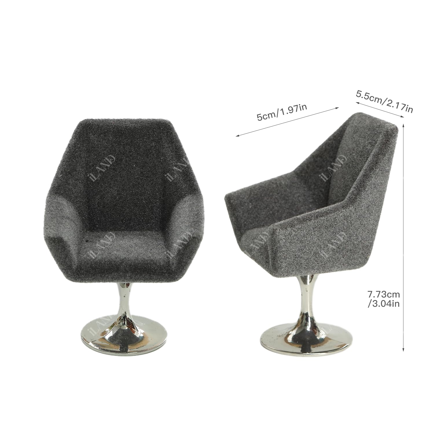iLAND Miniature Swivel Chair & Faux Fur Carpet Set for 1:12 Dollhouse Living Room (Grey)