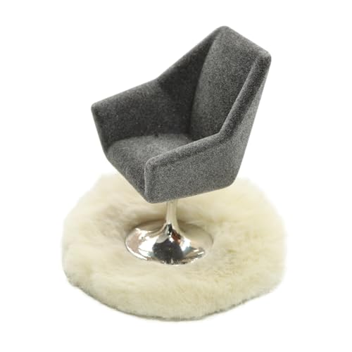 iLAND Miniature Swivel Chair & Faux Fur Carpet Set for 1:12 Dollhouse Living Room (Grey)