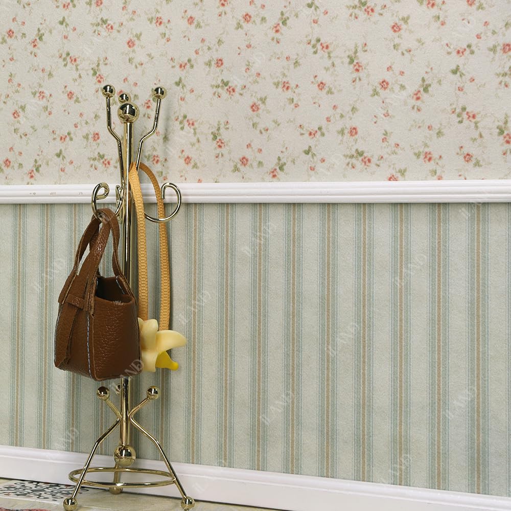 iLAND Striped Green-Yellow Dollhouse Wallpaper – 1:12 Scale Fabric Décor (39x15.7 inches)