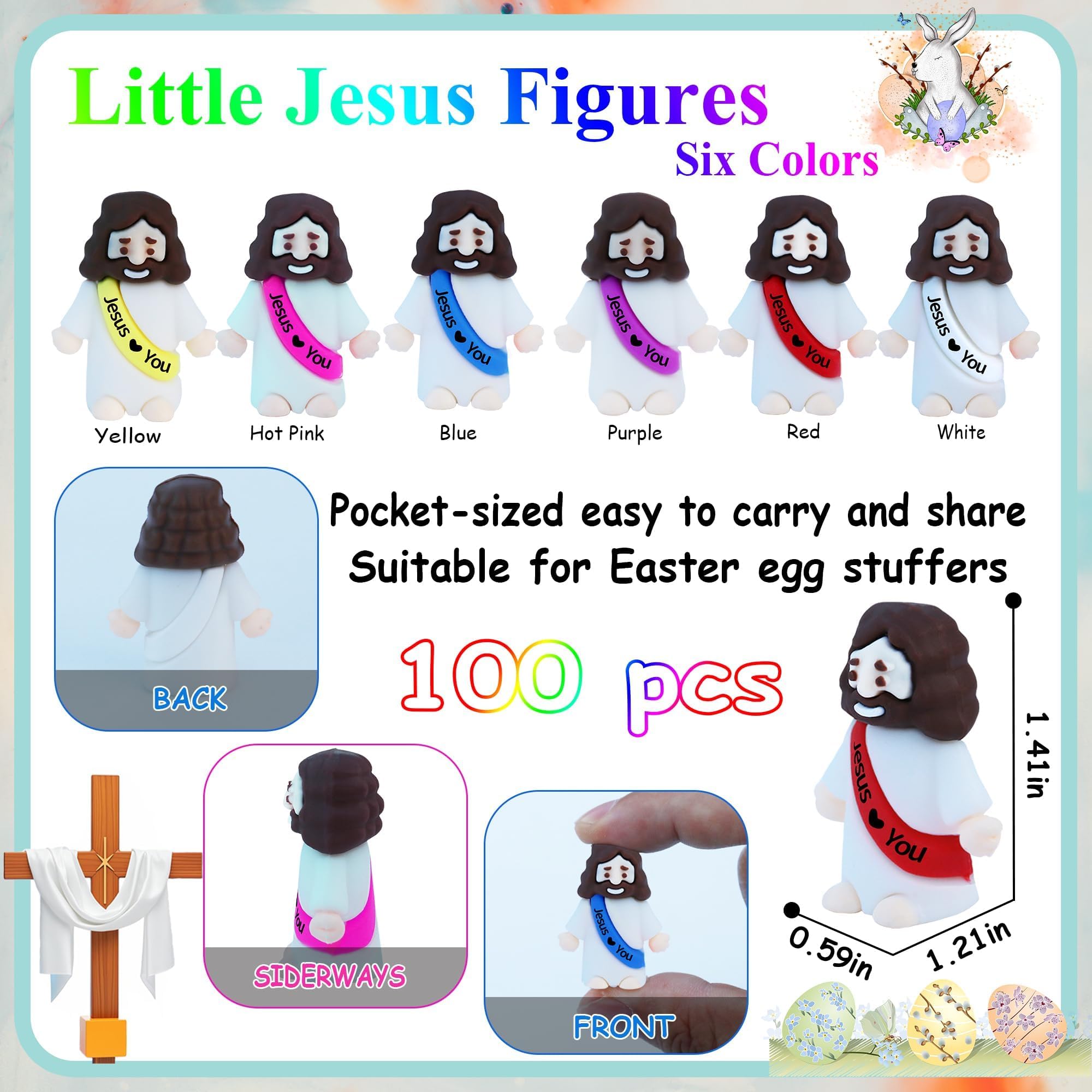 ILHSTY 100 Mini Rubber Jesus Figures – Assorted Colors with 'Jesus Loves You' Message – for Easter Eggs, Party Favors, and Faith-Based Surprises