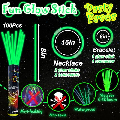 ILHSTY 100 Pack Glow Sticks – 8 Inch Green Glow Necklaces & Bracelets Bulk Party Favors