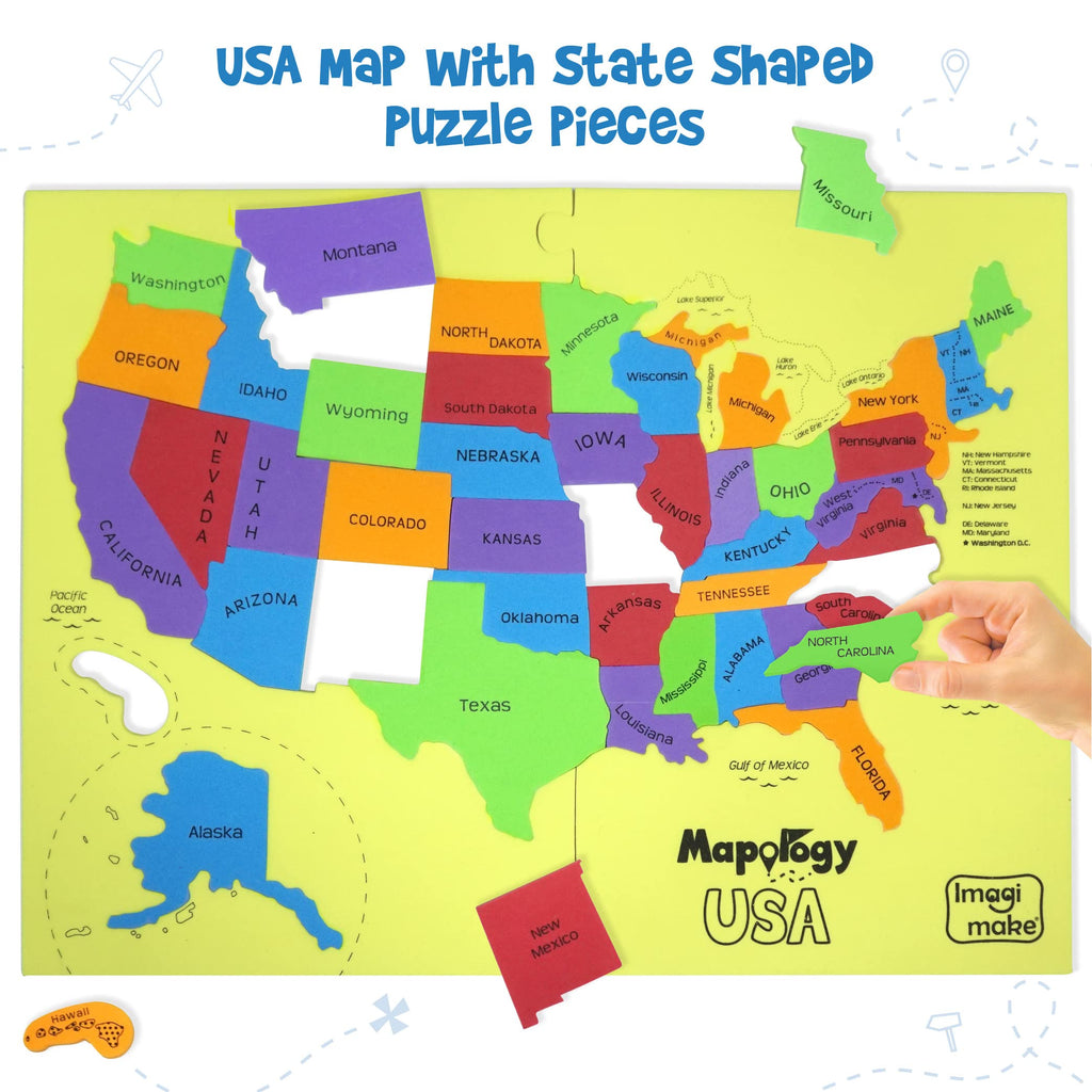 Imagimake Mapology United States Puzzle – 44 State-Shaped Pieces, 50+ Facts, Bonus Pentagon Model