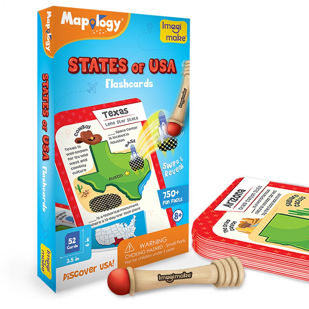 Imagimake Mapology USA Flash Cards: 52 Cards + Super Swiper – Learn US States, Capitals & Flags | Ages 8-12