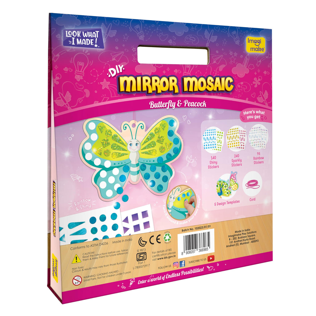 Imagimake Mirror Mosaic Butterfly & Peacock – 450+ Stickers, 5 Templates, Mess-Free Craft for Ages 3-7