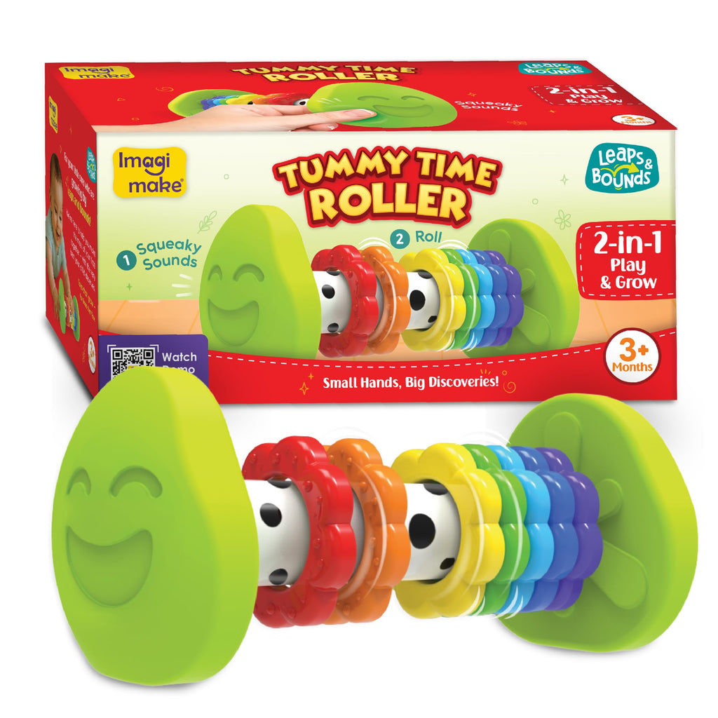 Imagimake Tummy Time Roller – 2-in-1 Baby Toy with Squeaky Sounds and 7 Textured Rings for 3+ Months