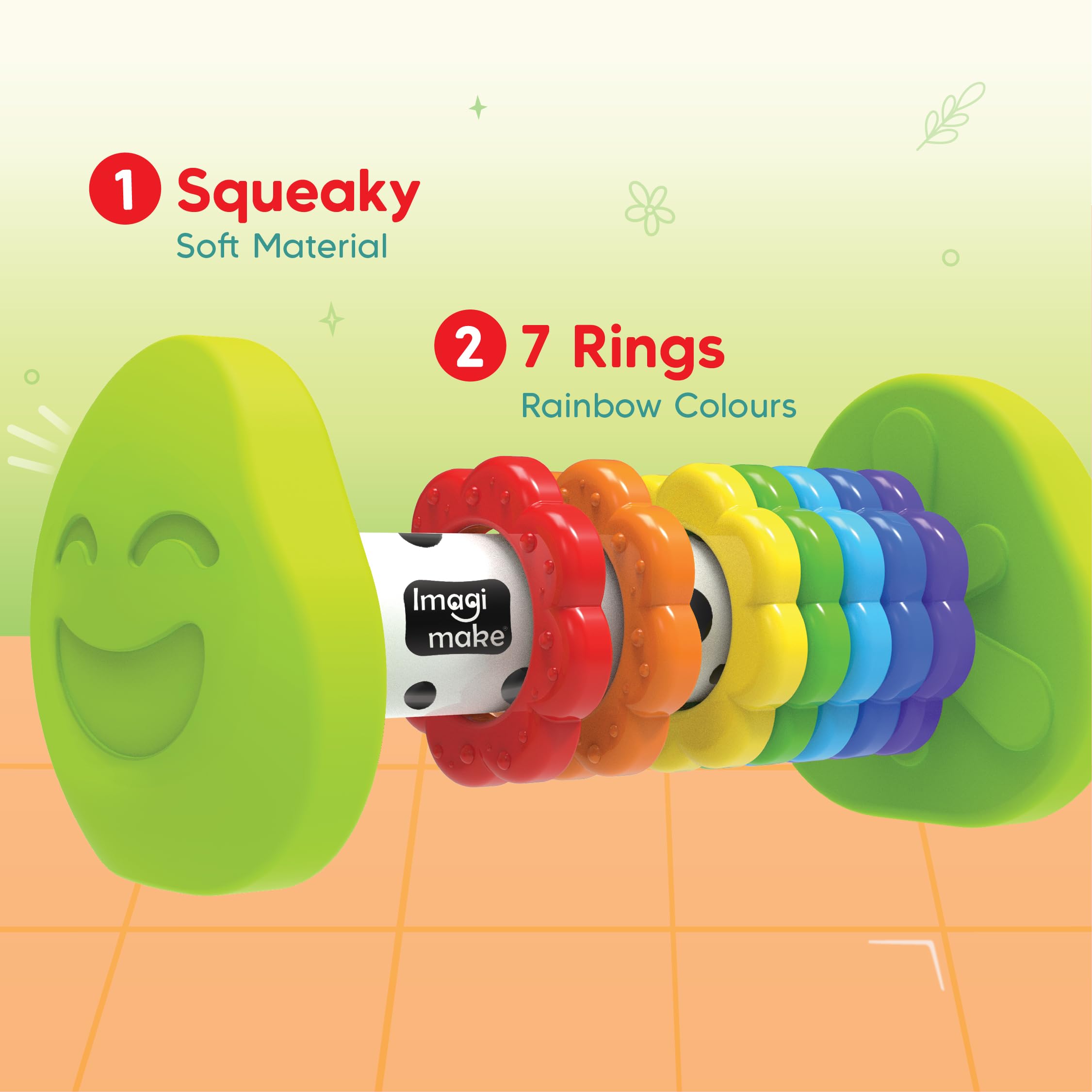 Imagimake Tummy Time Roller – 2-in-1 Baby Toy with Squeaky Sounds and 7 Textured Rings for 3+ Months