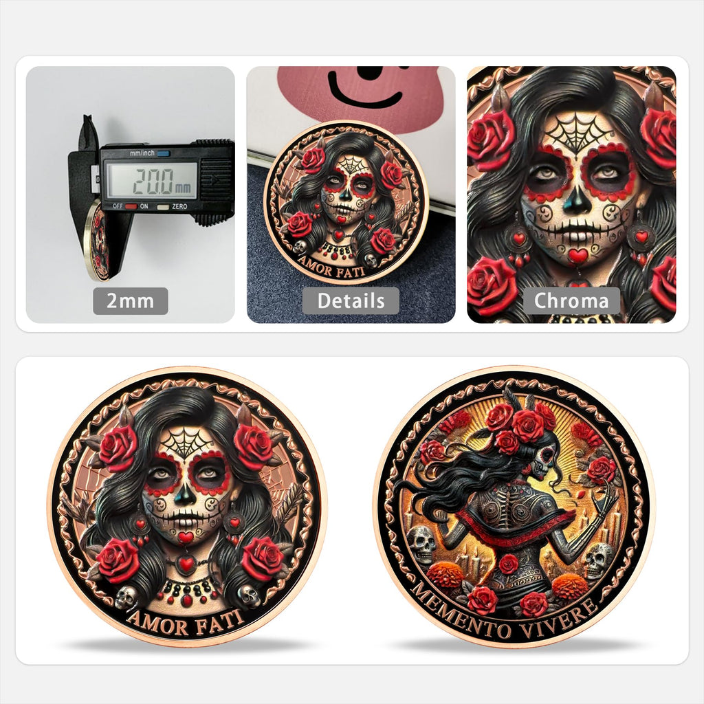 Imasoner Memento Mori Coin – Rose Skeleton Woman with Amor Fati & Memento Vivere, 3D Challenge Coin for Stoic Inspiration