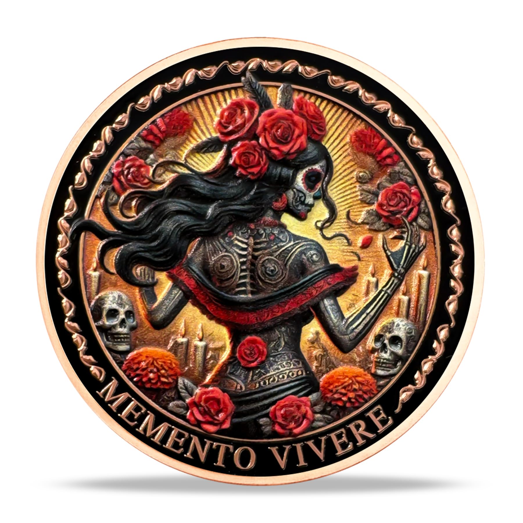 Imasoner Memento Mori Coin – Rose Skeleton Woman with Amor Fati & Memento Vivere, 3D Challenge Coin for Stoic Inspiration