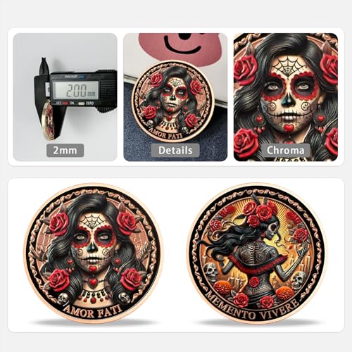 Imasoner Memento Mori Coin – Rose Skeleton Woman with Amor Fati & Memento Vivere, 3D Challenge Coin for Stoic Inspiration