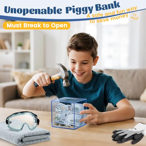 Imeepa Clear Acrylic Piggy Bank - Must Break to Open Savings Box for Cash & Coins - Blue, 4.72 Inches