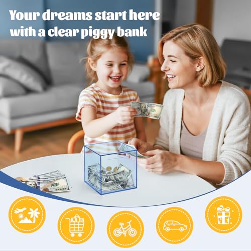 Imeepa Clear Acrylic Piggy Bank - Must Break to Open Savings Box for Cash & Coins - Blue, 4.72 Inches